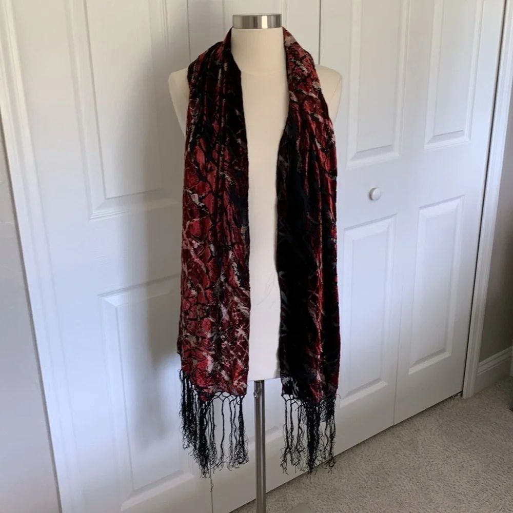 Velvet burnout scarf with fringe- silk blend- red and black made in Italy